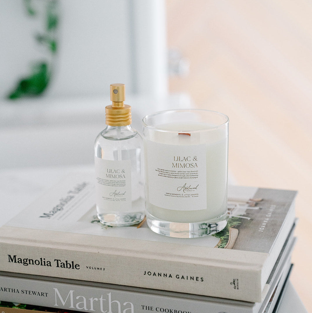 Lilac & Mimosa candle in glass jar and room & linen mist.