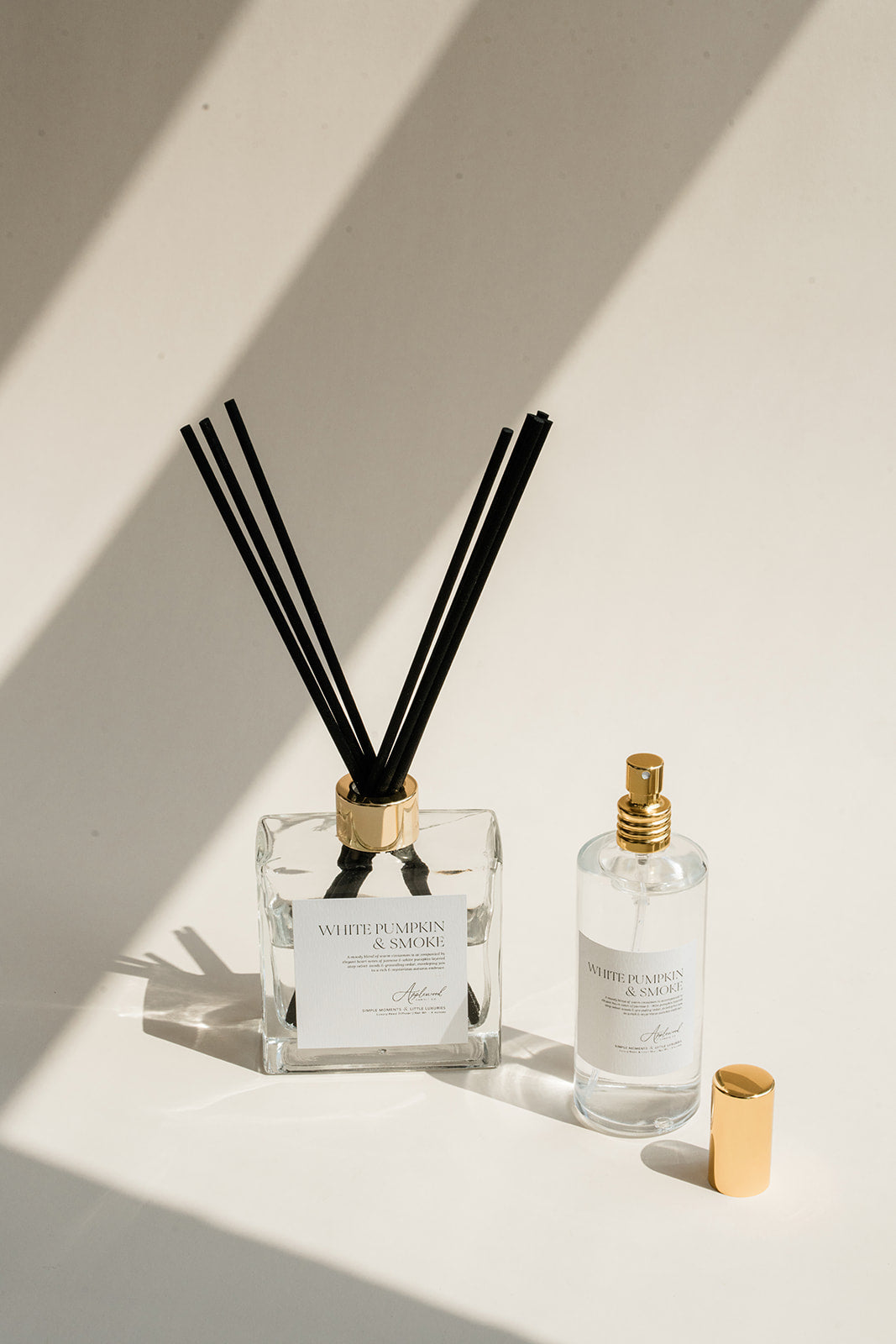 Diffuser with reeds and a small bottle on a light background