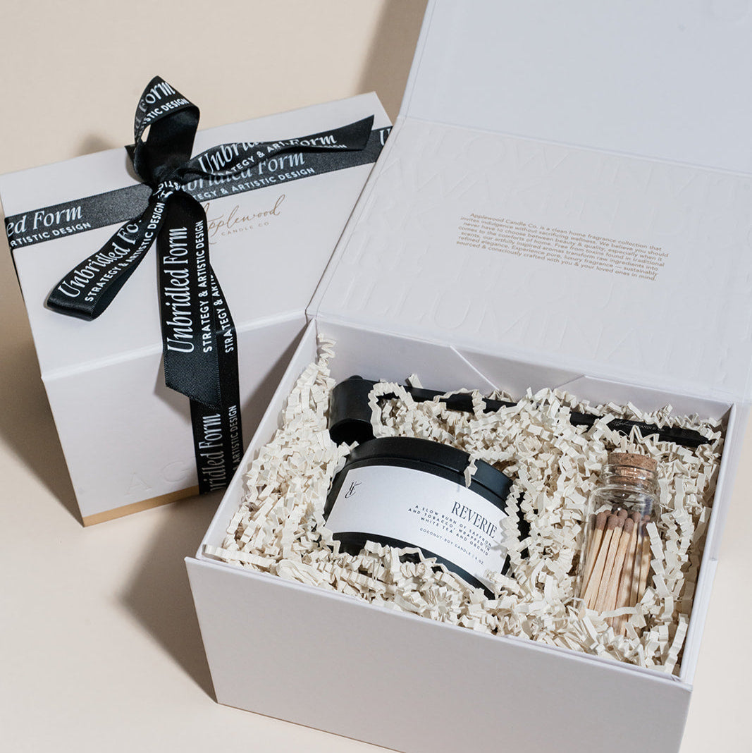 Luxury custom gift box with travel candle, candle snuffer and set of matches