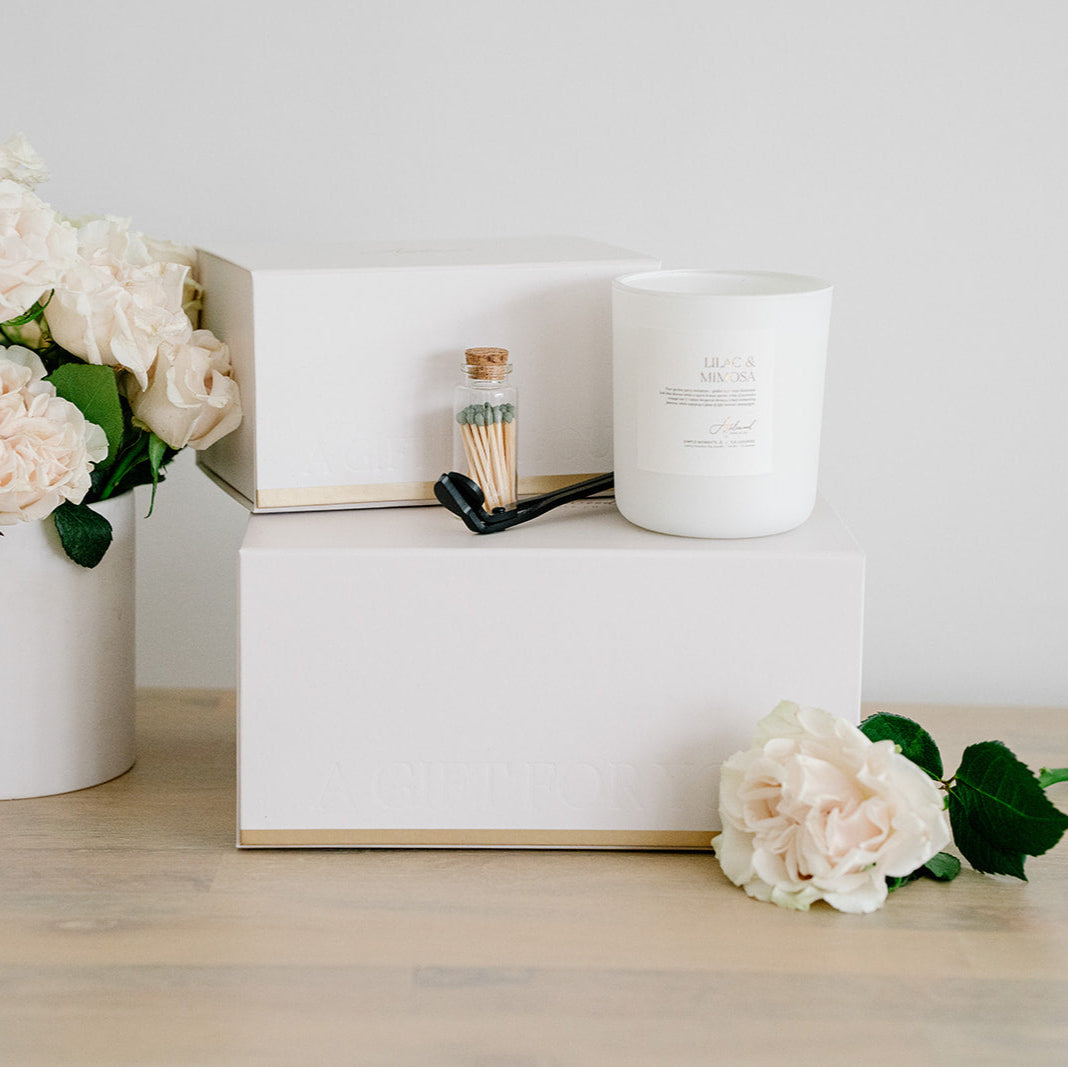 Luxury Lilac &amp; Mimosa white frosted glass candle with candle snuffer, matches, and gift box