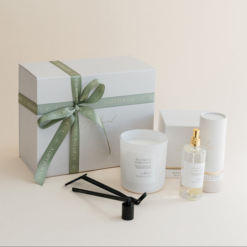 Sea Salt & Teakwood gift box with luxury candle and room & linen mist, black wick trimmer and candle snuffer