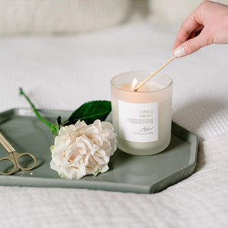 Citrus Grove Candle in glass frosted jar being lit.
