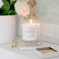 Lit Signature Saffron & Tobacco candle in glass jar 