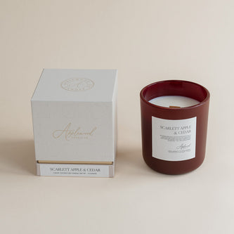 Candle with a matching box on a beige background