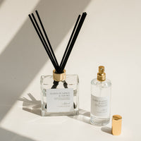 Diffuser with reeds and a small bottle on a light background